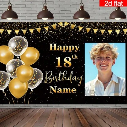 1pc Custom Portrait, Name, Age Birthday Party Banner, Polyester Fabric, Hanging Flag Shiny Celebration Black Gold Theme Photo Backdrop, Personalized Happy Birthday Banner, Suitable For Cake Table, Home, Outdoor Yard Decor, 3 Size Options Mother's Day Graduation, Multi-Functional, Adjustable, Cute, Comfortable, Custom, Personalized, Ideal Gifts For Him
