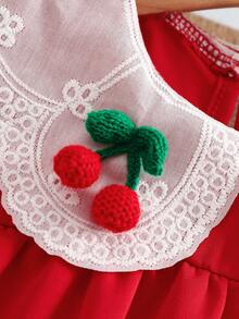 女童红色连衣裙 夏季蕾丝娃娃领樱桃刺绣无袖连衣裙 时尚公主裙 - 紅色 - 查看 4