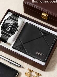 两件套男士时尚商务手表套装，包括1块黑色表盘机械石英表，配黑色PU皮表带和金色饰边，以及1个黑色几何缝线PU皮钱包。 - 黑色 - 查看 1