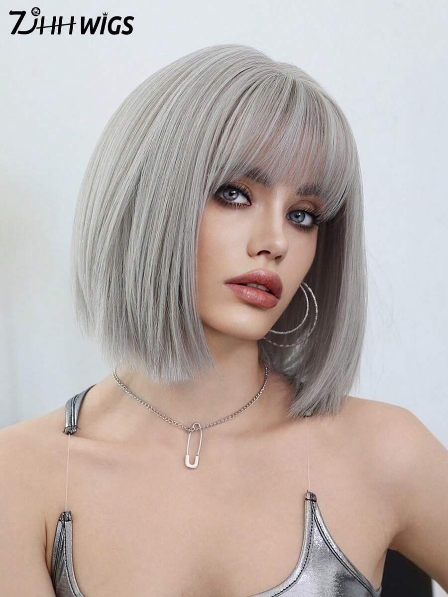 7JHH WIGS 女士灰色波波头假发，12英寸，时尚简约短直发，带刘海，灰棕色挑染，优质丝滑耐热合成假发，适合日常佩戴、节日派对、角色扮演等场合，是女孩的理想礼物。