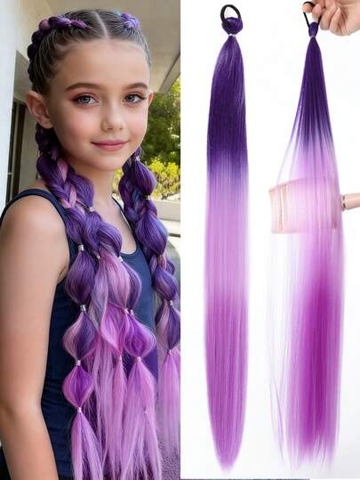 1件/2件装紫色26英寸万圣节儿童接发紫色彩色DIY编织假发合成长Yaki直发耐热蓬松马尾接发女孩发饰