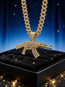 镶满钻石的链AK-47步枪吊坠项链，闪亮粗链项链，男士嘻哈街头风 - 槍吊墜項鍊 - 查看 2