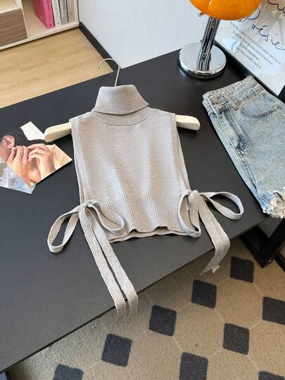 Camisola feminina sexy com gola alta e amarração, elegante colete curto de malha, top cropped estiloso para primavera e outono.