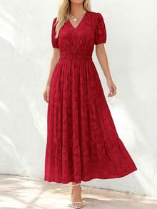 Women's Boho Maxi Dress, Summer Short Sleeve V-Neck Floral Flowy A-Line Long Dress, Formal For Wedding Guest & Baby Shower - 紅色 - 查看 2