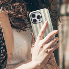 防震条纹图案时尚手机壳，条纹绿色复古米绿色线条法式优雅手机壳，兼容 17/16/15/14/13/12/11 Pro Max Spring - 橄欖綠 - 查看 2