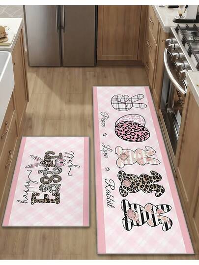 1/2/3件套可爱复活节兔子农舍厨房地毯套装，粉色兔子图案，可水洗防疲劳垫，防滑节日装饰垫，适用于水槽、洗衣房、办公室