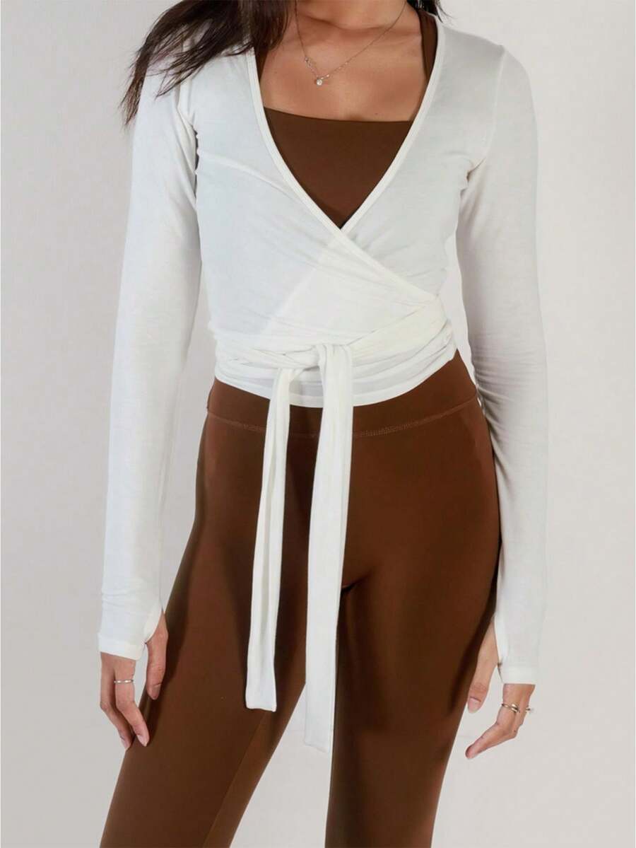 Women's Ballet Wrap Tops V Neck Long Sleeve Slim Fit Self Tie Workout Pilates Yoga Wrap Tops Y2k Dance Shirt - 白色 - 查看 1