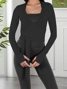 Women's Ballet Wrap Tops V Neck Long Sleeve Slim Fit Self Tie Workout Pilates Yoga Wrap Tops Y2k Dance Shirt - 黑色 - 查看 1