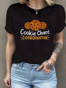 Coordinador del Caos de Galletas - Camiseta de Galletas Camiseta de Cuello Redondo de Moda para Mujer Camiseta de manga corta de algodón de 220 g, impresión por una cara - Negro - Ver 1