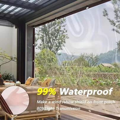 1片透明防水篷布，带电缆环，透明防水篷布罩 - 高清可视防水篷布 - PE户外罩，带扣眼、绳索和绑带，加固孔眼和防撕裂拉绳