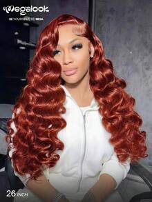 MEGALOOK 30英寸 #33 红棕色 100% 真人发长款蓬松波浪假发 13x4 蕾丝前假发 红色蓬松卷发假发，透明蕾丝，自然发际线，真人发假发 - 自然逼真，适合日常佩戴，可打造办公室、僵尸新娘、万圣节、派对、Y2K 风格、度假、户外角色扮演、校园、学校假期、圣诞节、派对、婚礼、节日等各种场合，适合女性佩戴。 - S33 - 查看 3