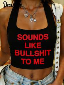 Sounds Like Me 字母图案露背吊带性感背心，适合春夏日常休闲穿着，黑色 - 黑色 - 查看 2