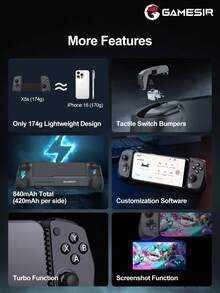 GameSir X5s 无线移动游戏手柄，兼容 2、安卓 iOS 手机、PC 游戏手柄，兼容设备长度 105-213mm，霍尔效应摇杆，可切换扳机模式，双高清震动马达，六轴陀螺仪，Turbon 功能，黑色 - 黑色 - 查看 11