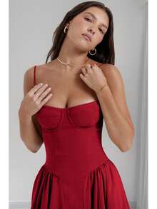 Vestido De Tirantes Con Cintura Acampanada,Versátil Y Elegante Para Citas Y Fiestas,Con Cordón De Muslo Con Abertura - Rojo - Ver 4