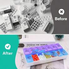 1pc 7 Day Weekly AM PM Pill Organizer, Large Pill Case Pill Box For Pills Vitamin Supplements Medication (Purple/Blue),14 Compartments Vitamin Pill Container For Tablets, Medications, Fish Oil, Home Decor, Party & Christmas Storage - Xanh lam + Tím - Xem 2