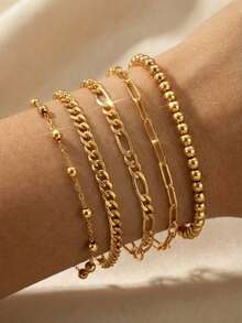 5pcs Elegant Gold-Plated Stackable Bracelets, Minimalist & Cute Jewelry For Women - Gold 5-pack - View 5