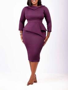 Women's Midi Dress, 3/4 Sleeve, Asymmetrical Neckline, Elegant & Comfortable, Asymmetric Waist With Ruffle Hem Design, Flattering Silhouette, Suitable For Work, Office, Daily Wear, Spring/Autumn - Purple - View 2