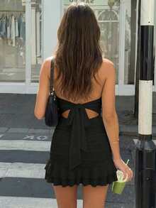 Rochie mini neagră fără bretele, cu volane, pentru femei | Rochie mulată fără mâneci, cu tiv și volane, pentru petrecere și întâlniri - Negru - Vizualizare 4