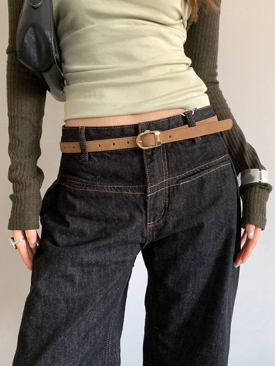 1条卡其色PU材质女士简约百搭牛仔腰带 - 卡其色 - 查看 1