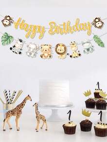 1 Set Jungle Wild Animal Theme Birthday Banner, Cute Animals And Tropical Leaves Paper Bunting, Birthday Party Decoration And Celebration Backdrop - Multicolor - View 2