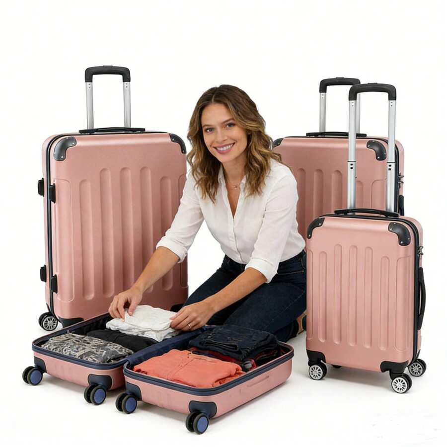 3 Pcs Suitcase Lightweight ABS Carry-On Hand Luggage 4 Spinner Wheels Trolley Case - Rose Gold - View 1