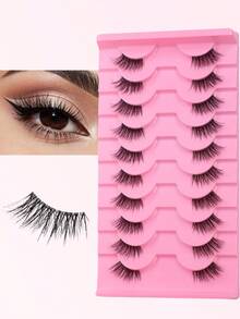 10 Pairs Natural Criss-Cross Cat Eye Effect Eyelash Extensions, Essential For Daily Makeup And Dates - Black - View 1
