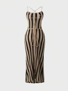 Elegant Backless Striped Slip Dress, High-End French Style, Suitable For Daily, Beach, Evening, Dating, Holiday Wear - Apricot - View 7