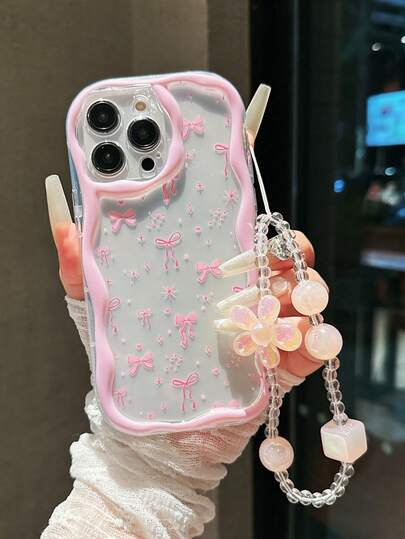 可爱蝴蝶结星星图案保护手机壳，新款彩色彩绘防摔创意手机壳，柔软花卉手机壳带挂绳，透明3D波浪边全包防摔设计，适用于