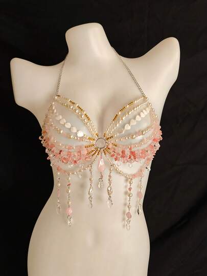 2026 Spring/Summer New Body Chain, Coverup, Bikini Accessory, Unisex Sexy Chest Chain With Heart & Pearl Decor, Transparent Lingerie, Exotic Vibe For Beach, Party, Holiday, Music Festival