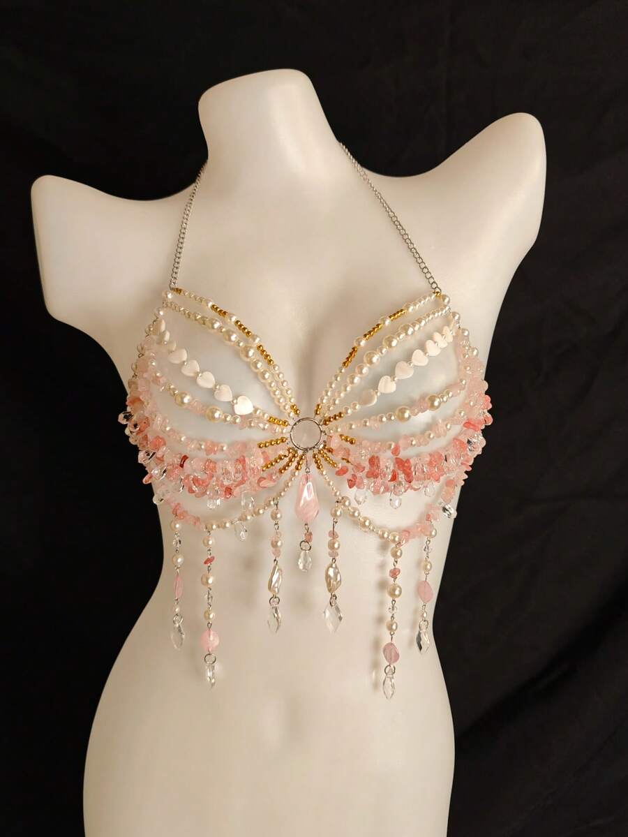 Unisex Sexy Body Chain, Pearl Necklace Lingerie, Transparent Decorative Bra For Women, Suitable For Beach, Party, Holiday, Music Festival - 粉色 - 查看 1