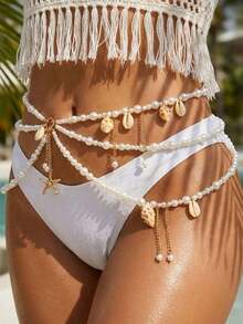 3pcs Multilayer Bohemian Beach Style Pearl Starfish Beaded Waist Chain, Beach Body Jewelry Chain For Women - 三層珍珠 - 查看 12