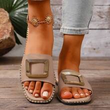 Teenage Girls' Fashion Simple Square Buckle Slippers, New Flat Beach Sandals, Soft Bottom Lightweight Summer Versatile Student Slides - Khaki - View 2