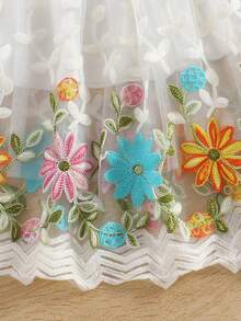 2pcs/Set Girls Lace Patchwork Sleeveless Top And Embroidered Mesh Skirt, Summer Fashion - White - View 5