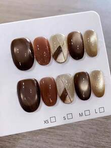 10pcs Handmade Short & Medium Length Brown Oval And Almond Shaped Nail Stickers, High-End Retro Caramel Brown Cat Eye Nail Stickers With Hand-Painted Rhombus Pattern, Minimalist Versatile, Suitable For Women And Girls In Spring, Summer, Autumn, Winter, Parties And Daily Use - Brown - View 10