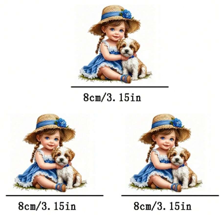 1片/2片/3片装女孩与小狗热转印贴片，可熨烫和水洗，适用于T恤、牛仔裤、毛衣、手提包、枕头、靠垫等。 - 3PCS-S - 查看 1