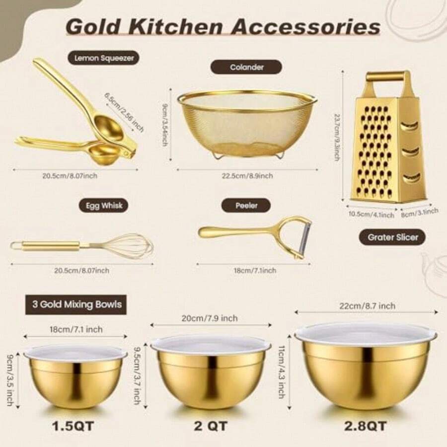 Juego de 10 Accesorios de Cocina Dorados LemonRoad, Incluye Cuencos de Mezcla con Tapas Herméticas, Colador, Rallador, Exprimidor de Limón, Peladores y Batidor de Huevos, Acero Inoxidable - Dorado - Ver 1