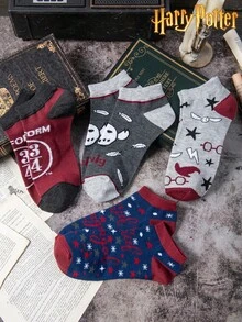 Warner Bros 4双装女士袜子，印有猫头鹰、海德薇、魔法元素、闪电和其他电影元素，吸湿透气，适合电影和动漫爱好者。 - 彩色 - 查看 5