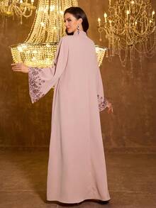 SUPGIR Women's [Random Print] Stand Collar Long Sleeve Handmade Beaded Satin Formal Dress - Pink - View 2