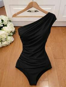 One-Shoulder Bodysuit In Supplex Fabric, Fits Sizes S To L, A Versatile Piece On  For 2026. - 黑色 - 查看 2