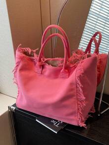 多巴胺帆布手提包，大容量流苏手提包，通勤单肩包 - 粉色 - 查看 8