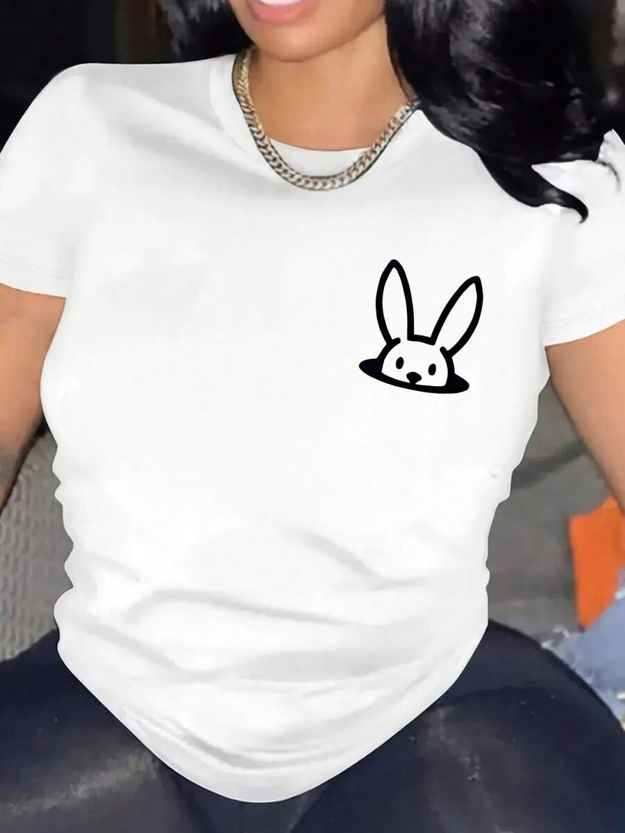 Item Picture Rabbit Print Shirt Short Sleeve Crew Neck Casual Top Fo - White - View 1