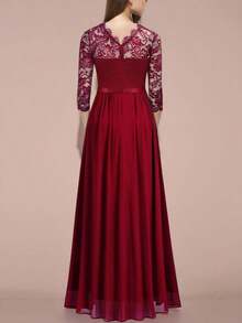 Vestido elegante de encaje floral para mujer,Vestido de fiesta de manga larga de chiffon de cuello redondo,Vestidos de mujer - Color caoba - Ver 2