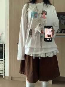 可爱涂鸦印花套头T恤，女士宽松休闲长袖T恤，柔软少女日常上衣 - 白色 - 查看 5