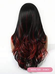 24英寸红色渐变中分假发，女士长卷发合成假发，适合日常佩戴和角色扮演，中分，欧美风格，耐热合成纤维，外观自然，充满活力，节日妆容必备 - 挑染紅色 - 查看 5
