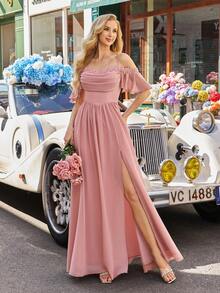 女士正式雪纺连衣裙，细肩带，露背设计，优雅高开衩 - 粉色 - 查看 5