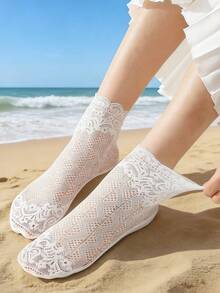 chuanwa（2） 5/10 Pairs Women's Lace Net Stockings, High Quality Vintage Floral Solid Color Sheer Breathable Soft Transparent Mesh Pantyhose - Multicolor - View 6