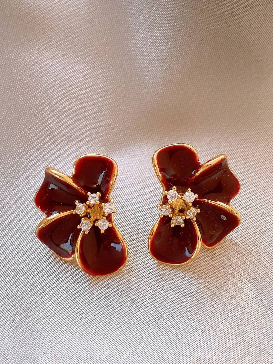 1 Pair Burgundy Glazed Petal Stud Earrings For Women, Unique & Stylish, High-End Fashion Earrings - Red - View 1