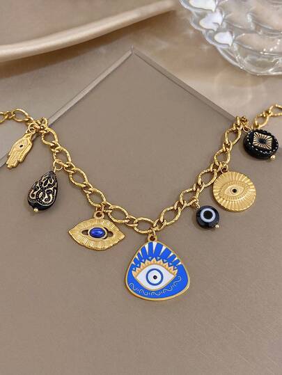 1件复古邪眼吊坠项链，独特魅力项链，女士不锈钢金色链条项链，适合日常佩戴、派对首饰、圣诞礼物