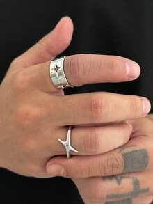 2pcs/Set High-End Knuckle Rings, Luxury Minimalist Square Star Finger Rings, Fashion & Cool, Suitable For Men, Father's Day/Friend Gift, Couple Rings - Silver - View 2