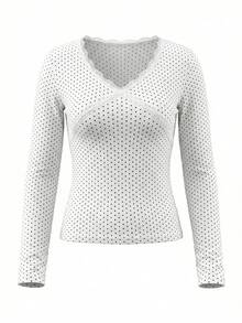French Lace Polka Dot Ruffle V-Neck Long Sleeve Women's Spring Slim Fit Sexy Base Layer Top White - White - View 6